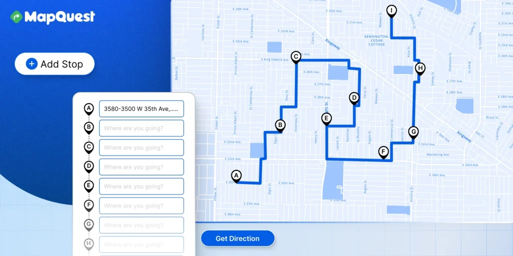 Step-by-step MapQuest route planner tutorial for Android navigation and stop management.