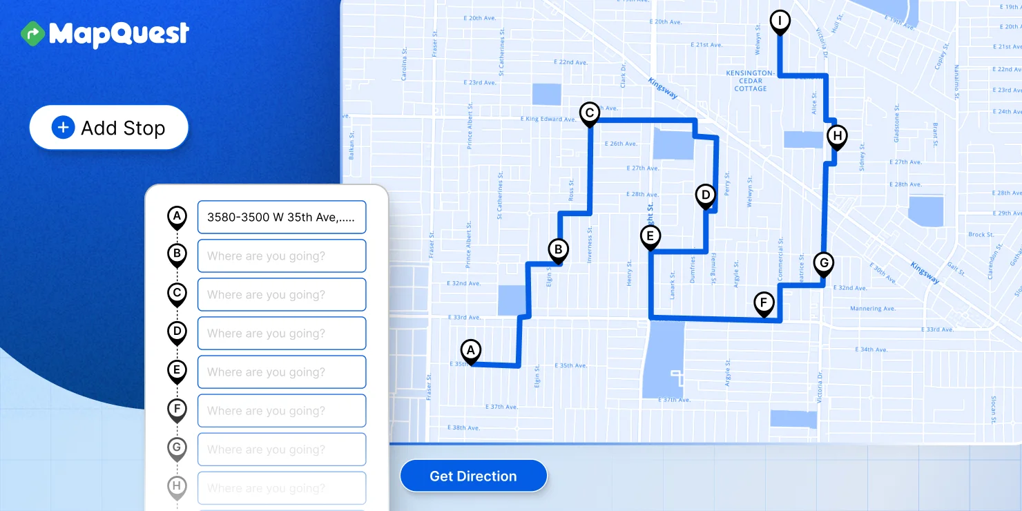 Step-by-step MapQuest route planner tutorial for Android navigation and stop management.