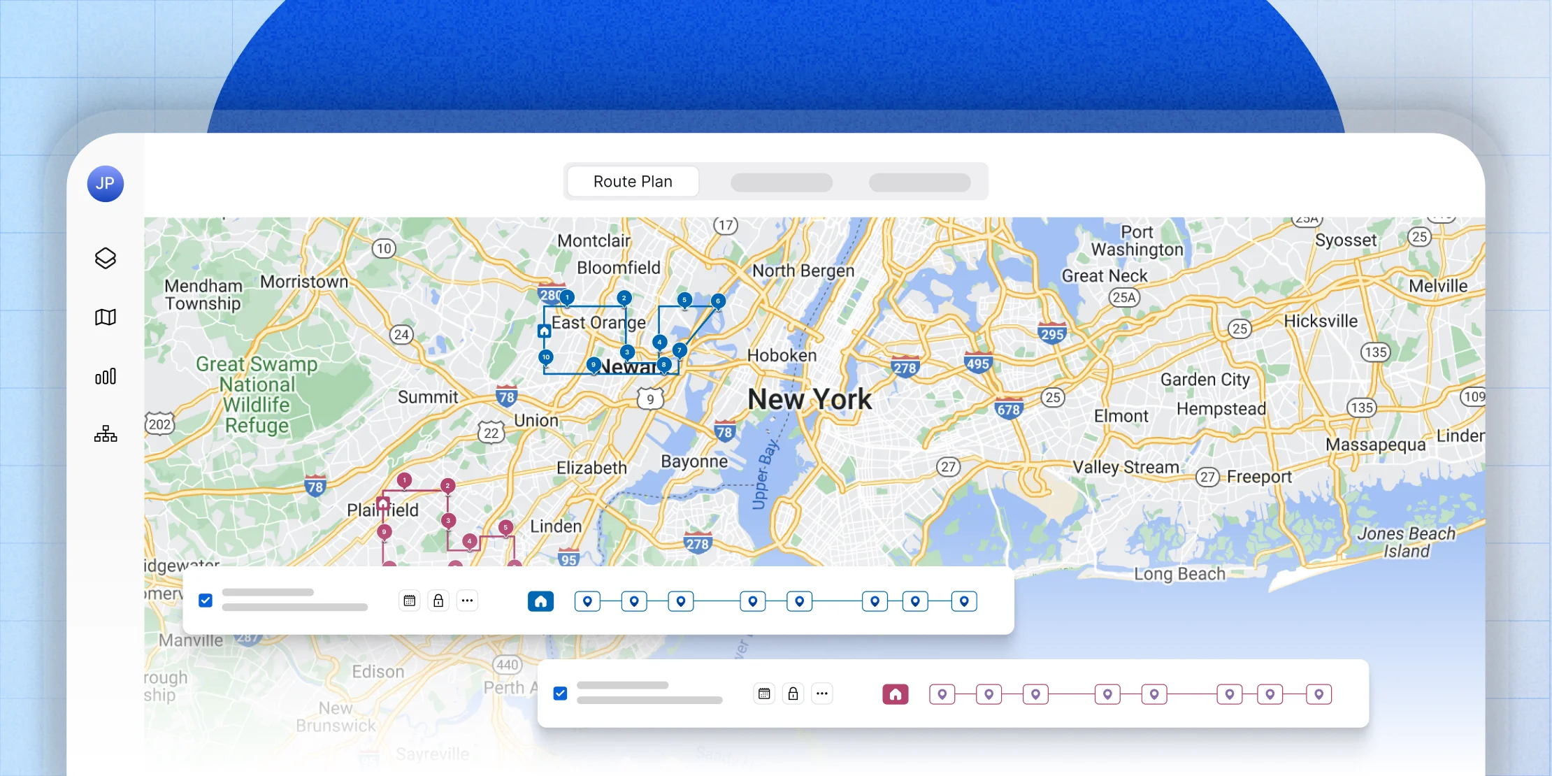 Delivery manager reviewing optimized multi-stop routes on screen with delivery van outside