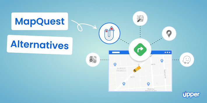 The image features logos of Upper, MapQuest, Google, Waze, and Apple Maps with a Map in the center and text saying “MapQuest Alternatives” lying on a blue background.