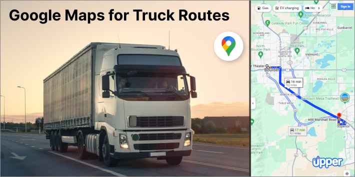 A truck with two drivers driving on the road with Google Maps on the side showcasing a route from point to another.
