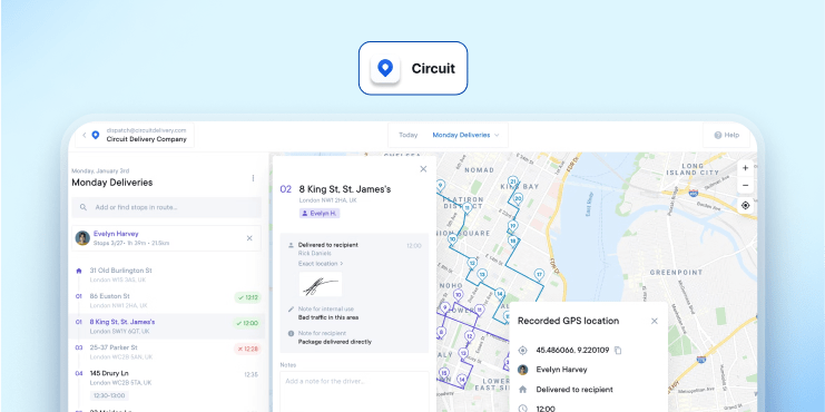 Circuit or Spoke delivery dashboard showing scheduled deliveries, optimized routes, and GPS proof of delivery on a map