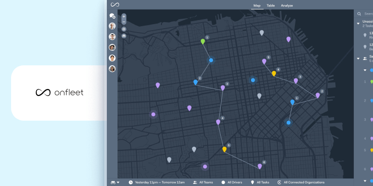 The image shows Onfleet map and dashboard