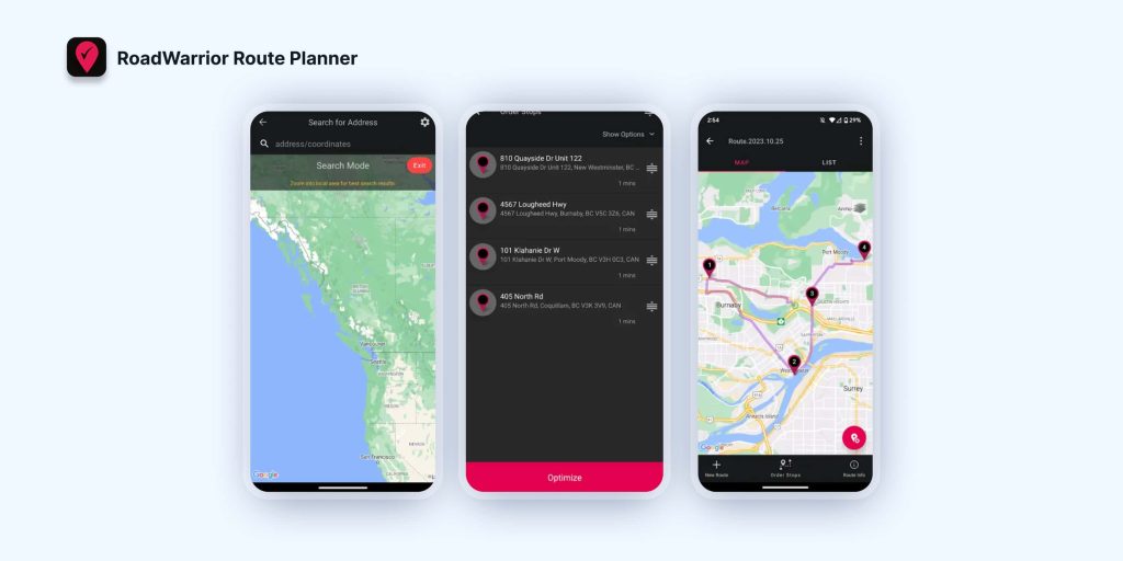 RoadWarrior route planner app showing address list, route optimization, and multi-stop delivery routes on mobile phones