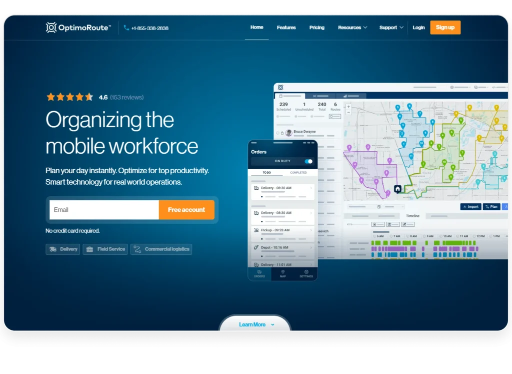 OptimoRoute delivery management software displaying routes with multiple stops