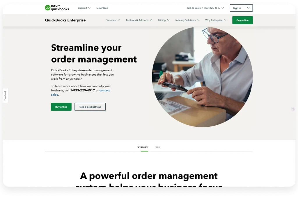 QuickBooks cloud-based order processing software for efficient sales tracking.