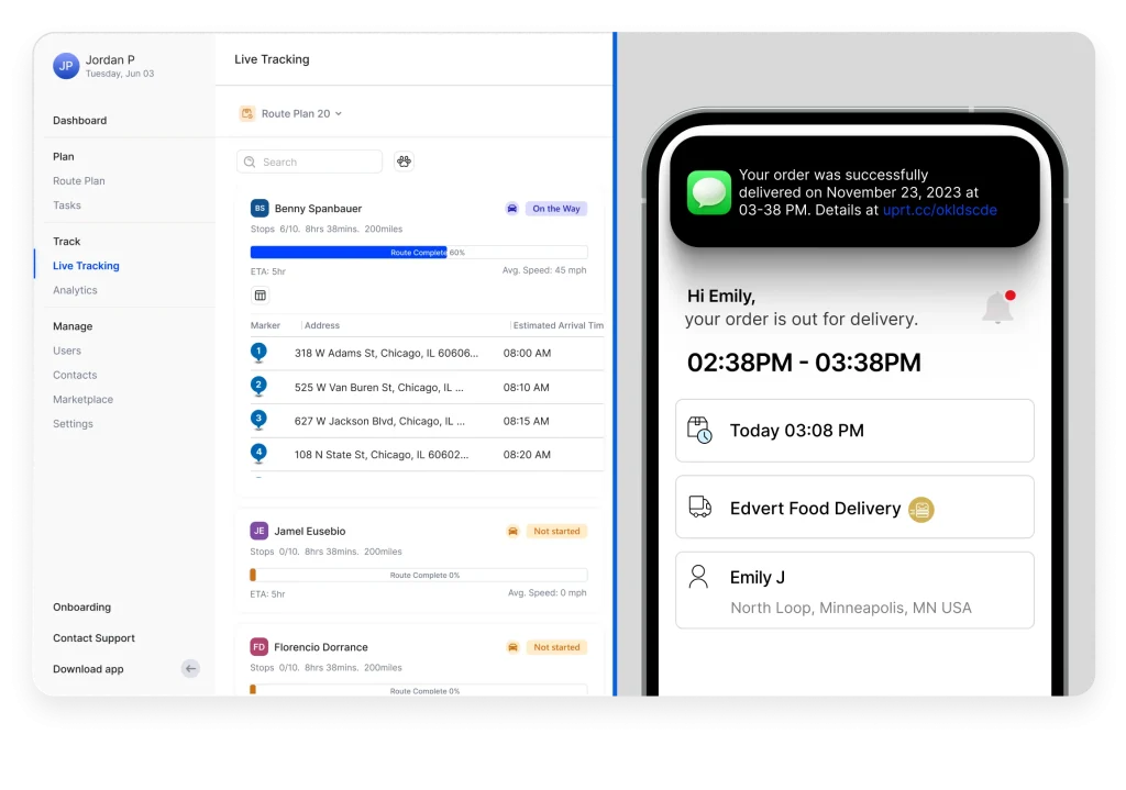 The image shows real-time GPS-based tracking and notifications