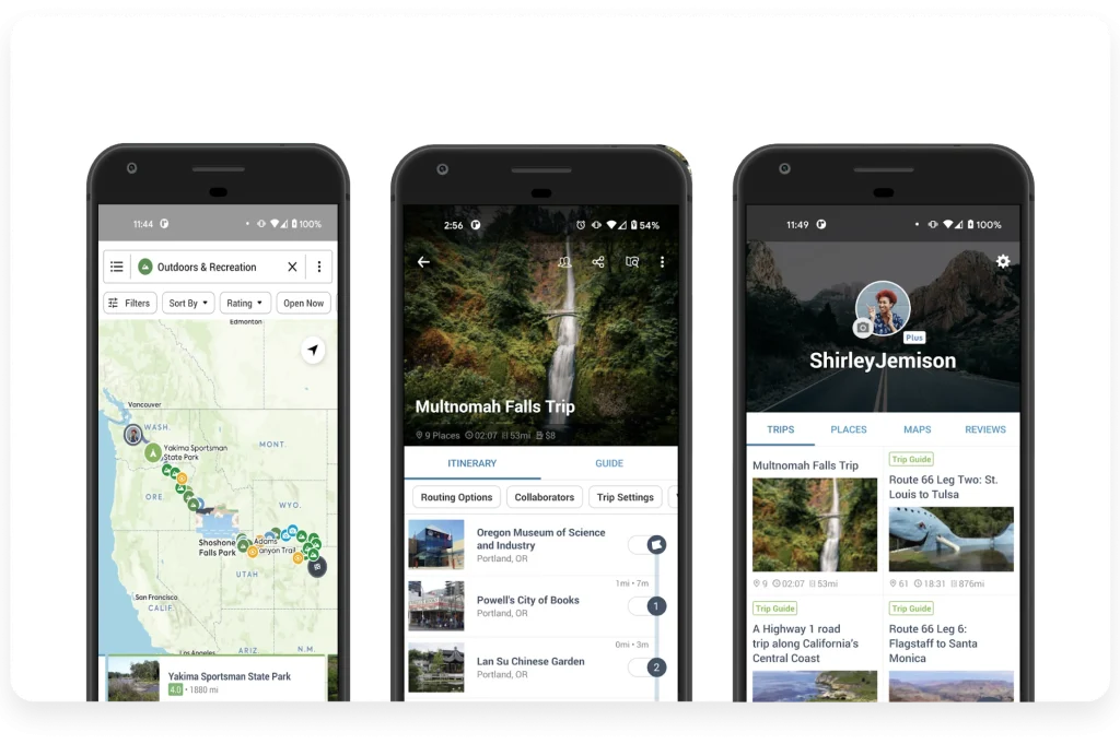 roadtrippers screens showing trip planning, itinerary with multiple stops, and saved travel routes on mobile phones