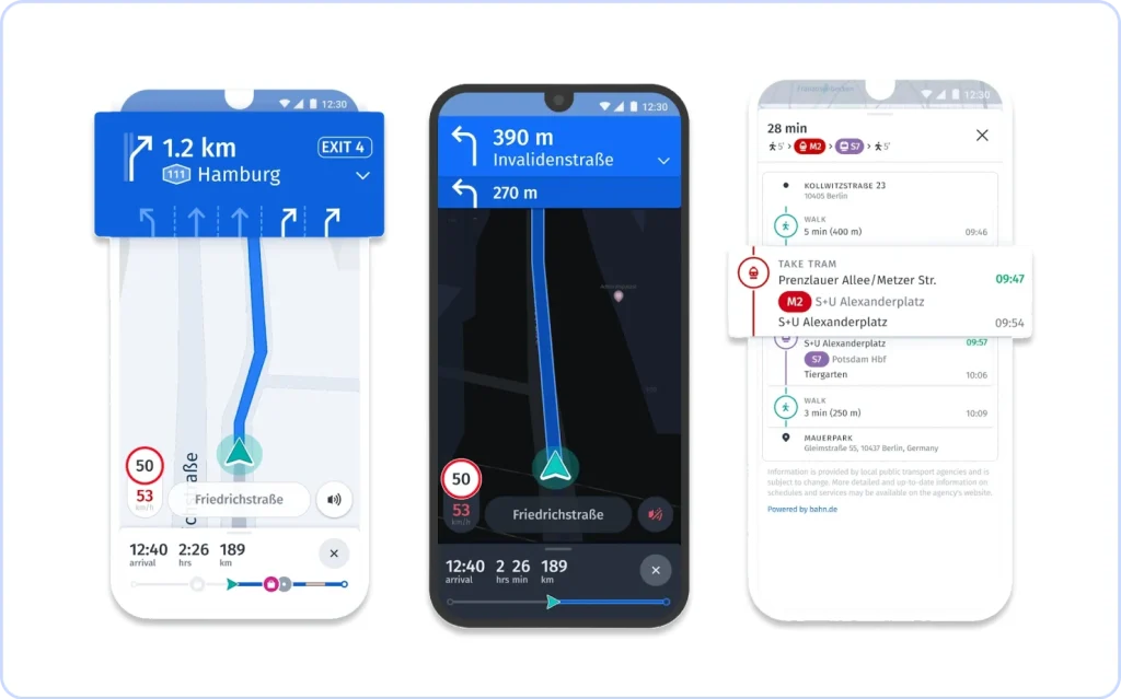 HERE WeGo app showing driving directions, speed limits, and public transport routes on mobile screens