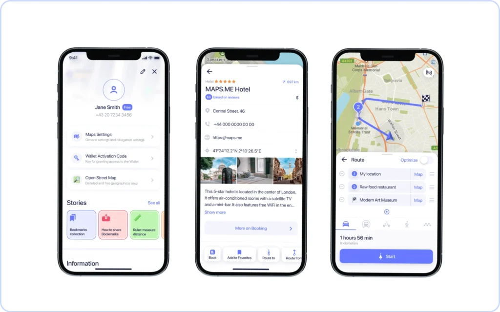 MAPS.ME app showing offline maps, place details, and optimized routes on mobile phones