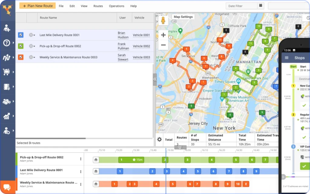 Route planning dashboard showing multiple delivery routes, drivers, stops, and optimized paths on a city map