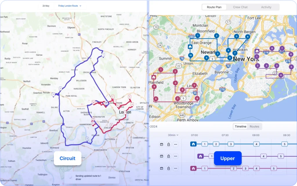 Visual comparison of Upper vs Circuit route planner highlighting organized route planning