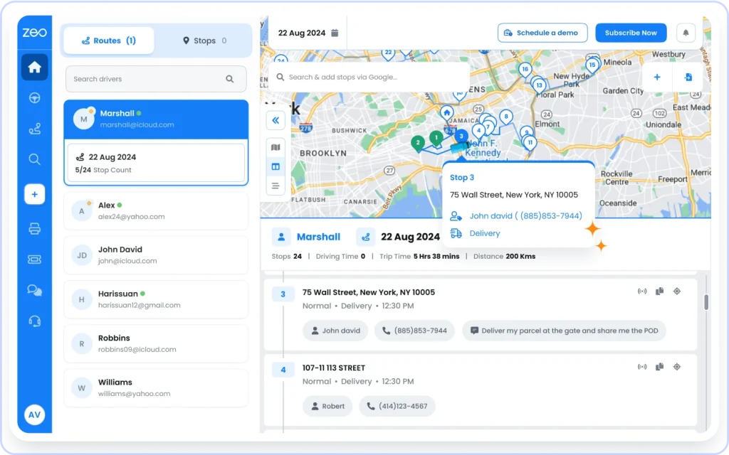 The image shows a dashboard of Zeo Route Planner with an optimized route, address, contact, and driver details. 