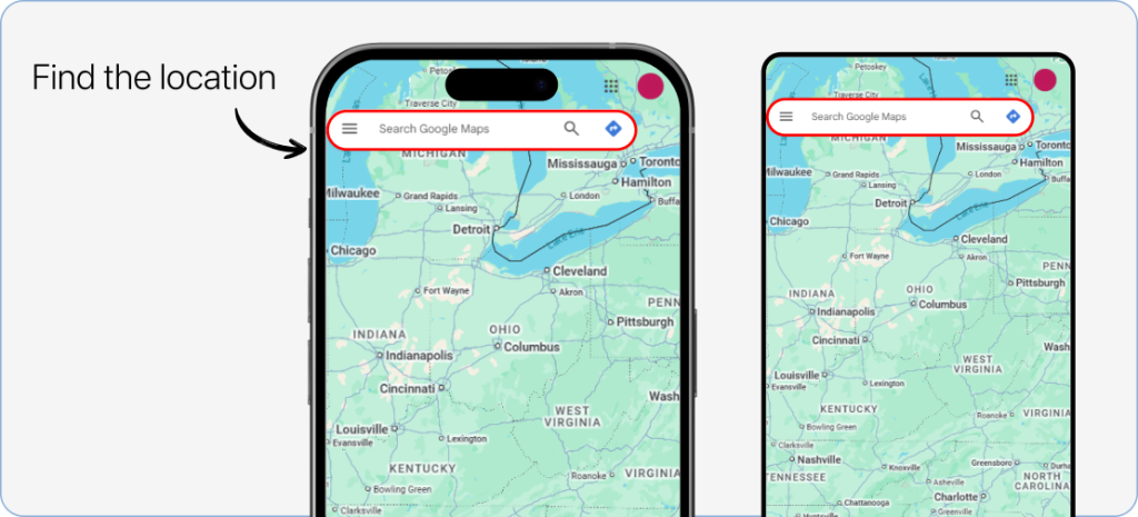 Searching for a location in Google Maps and zooming in closely to prepare for dropping a pin