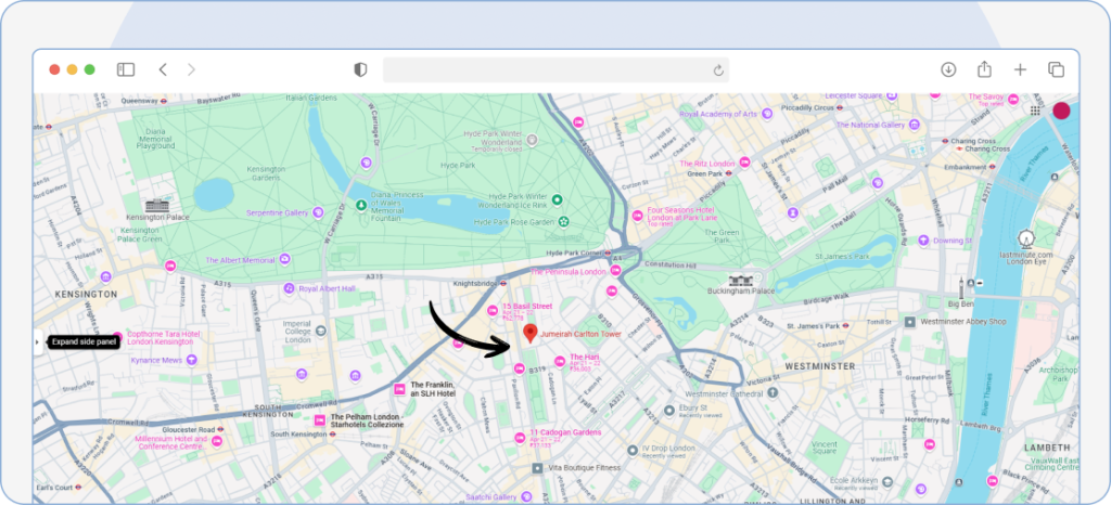 Clicking on a location in Google Maps on desktop to drop a grey pin and view the location details panel at the bottom of the screen