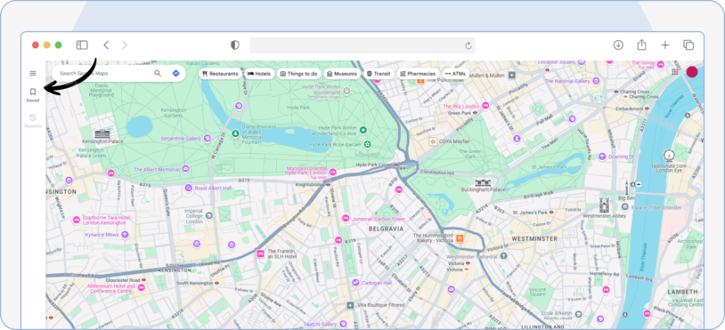 Clicking the ‘Saved’ option in the top-left menu of Google Maps on desktop