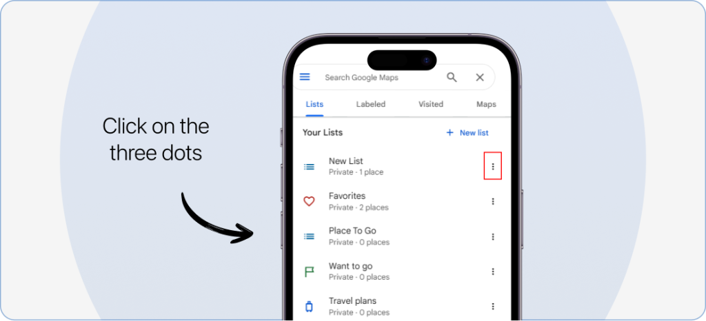 Tapping the three-dot menu next to a pinned location in Google Maps on mobile