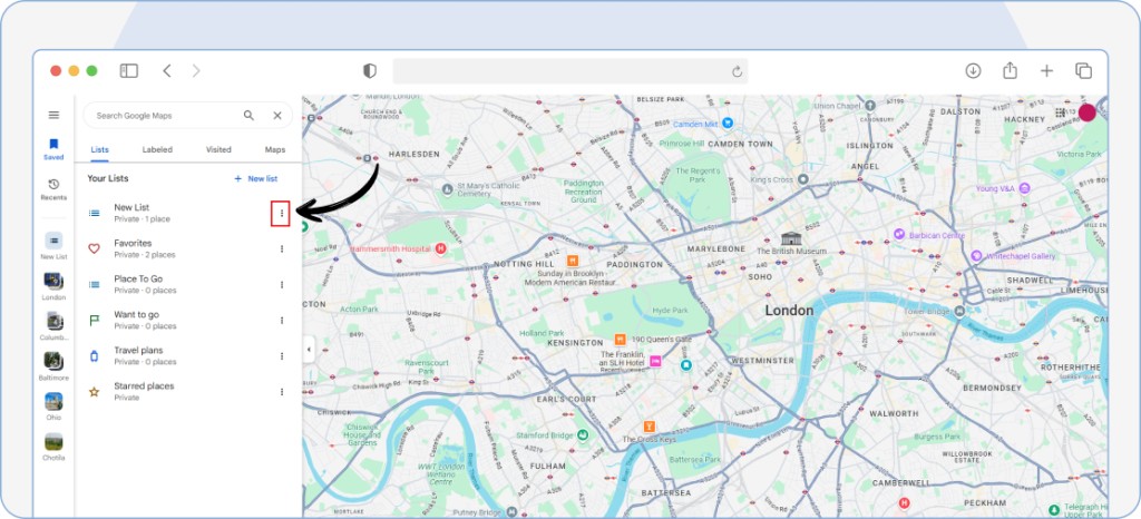 Clicking the three-dot menu next to a saved pin in Google Maps on desktop