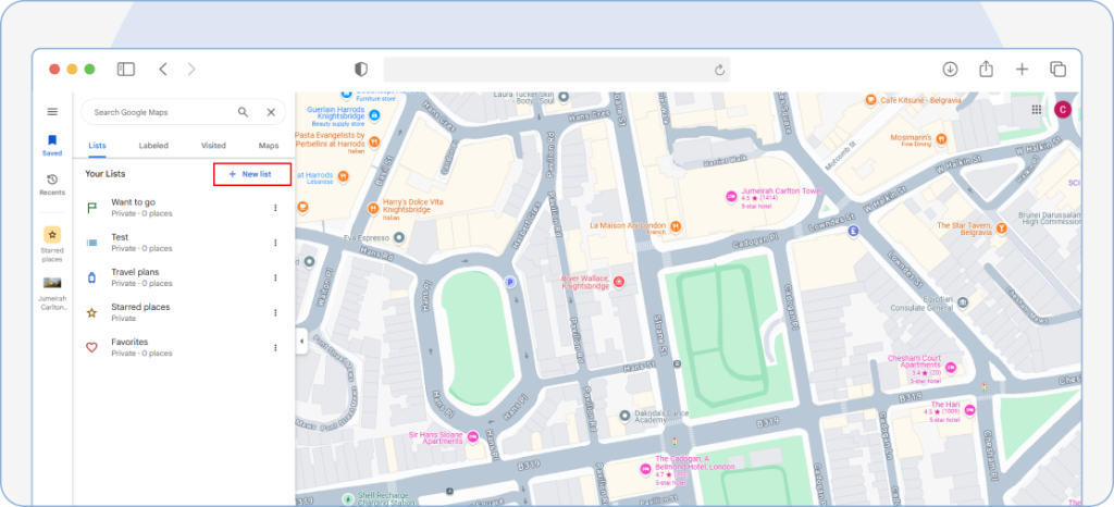 Tapping the ‘New List’ option at the top of Google Maps to create a new list of saved places