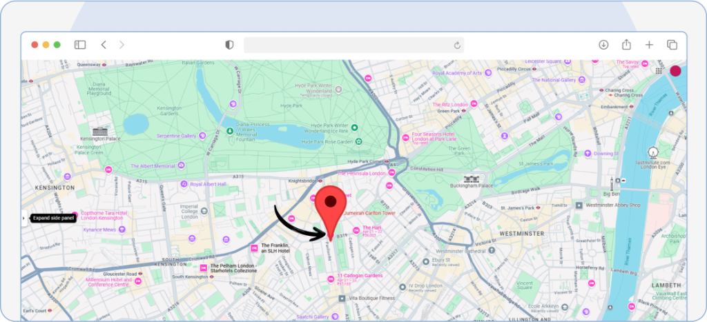 Red pin displayed on a selected location in Google Maps with the information bar visible