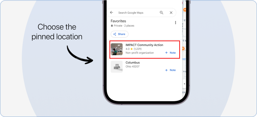 Selecting a pinned location in Google Maps on mobile and scrolling the information panel