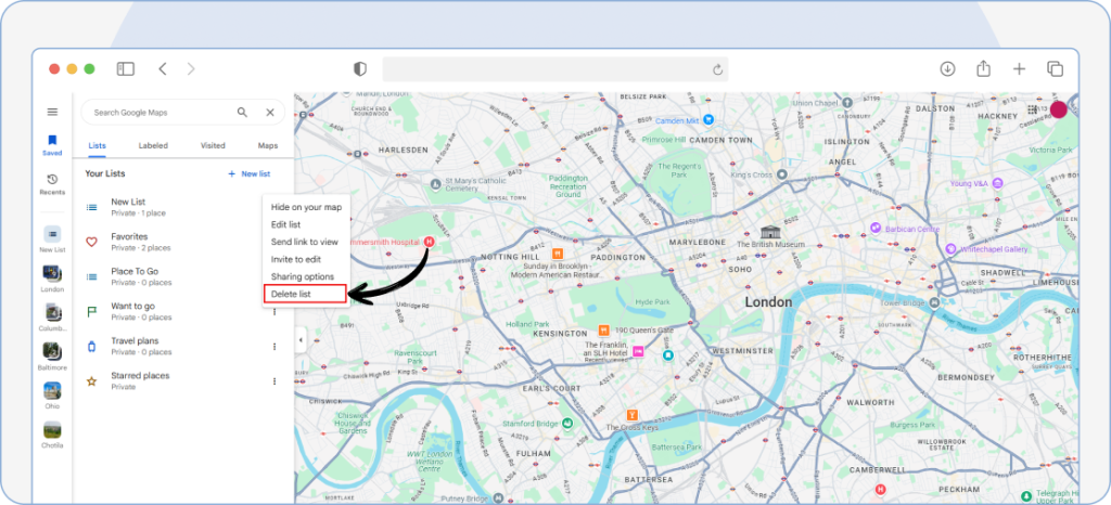 Clicking the ‘Delete list’ option in Google Maps on desktop to permanently remove the saved pin