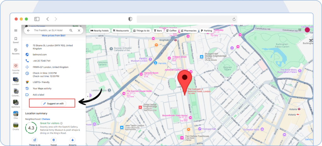 Scrolling the location information panel in Google Maps to select the ‘Suggest an Edit’ option and submit changes