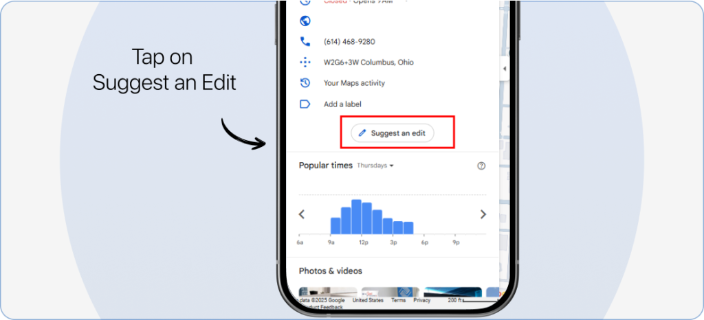 Tapping the ‘Suggest an Edit’ option in the Google Maps location details to update or modify a pinned place