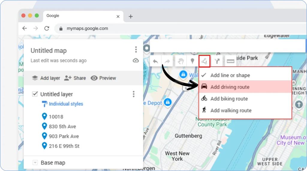 5. Use the “Draw a Line ” icon below the search bar → “Add Driving Route” (or walking or cycling).