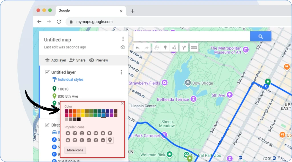 8. Use the “Paint bucket” icon to color-code stops by hovering on the stop you want to edit.