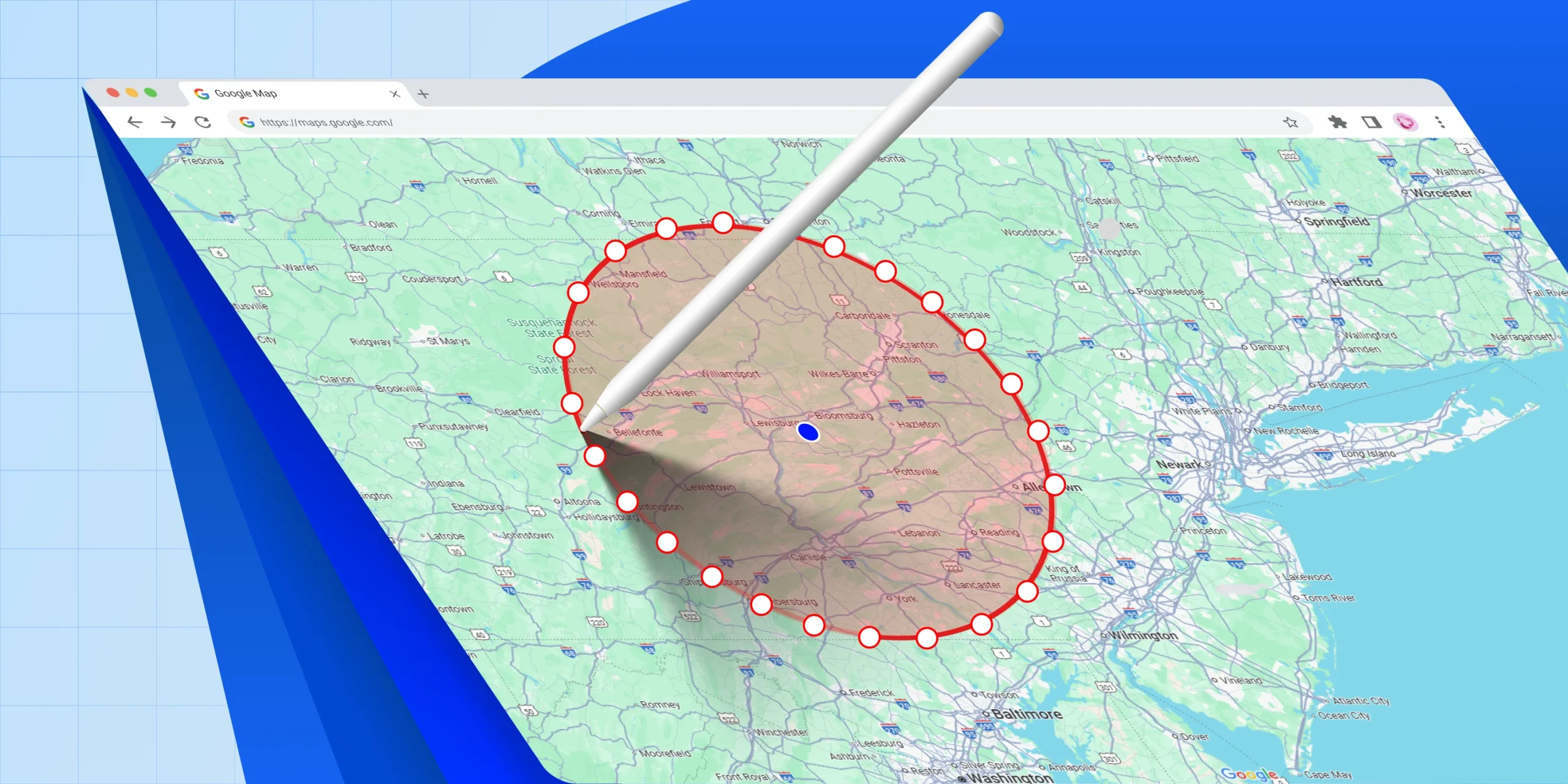How to draw a radius on Google Maps showing a circular distance area around a location for planning and analysis