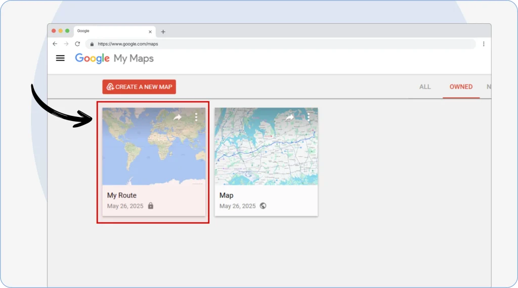 12. Choose the specific map from the list, which will display layers, lines, and markers added to it.