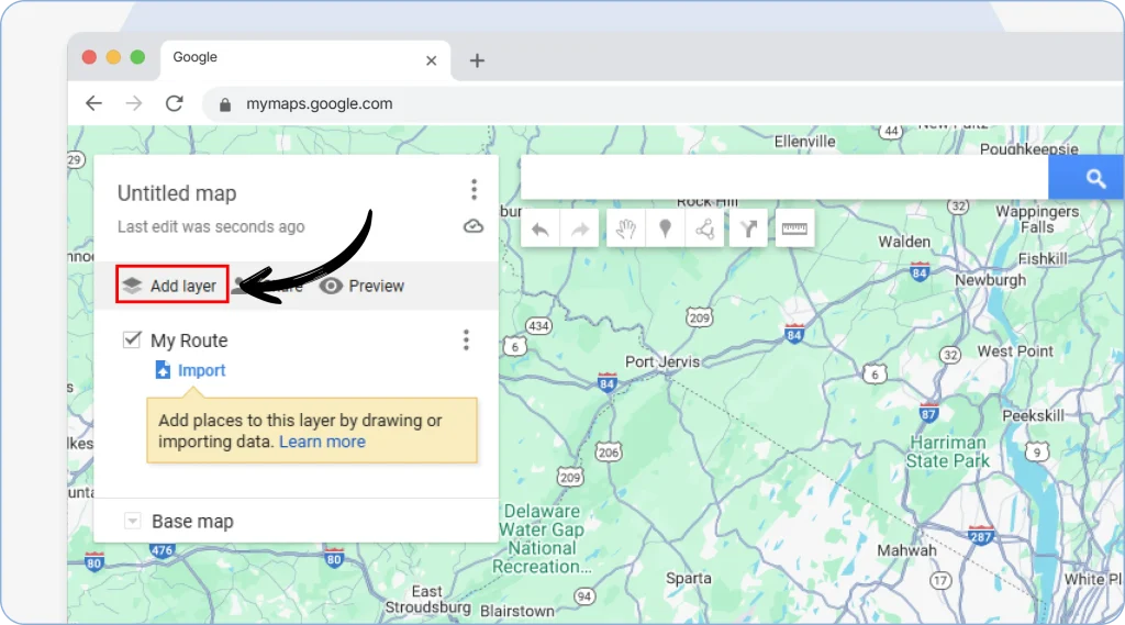 Google My Maps interface showing the left-side panel with the Layers option visible after opening a new map