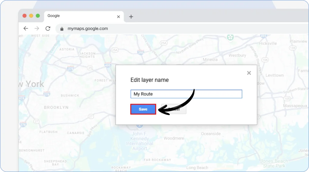 Clicking the Layers option in Google My Maps, naming the layer, and tapping Save to create a new map layer