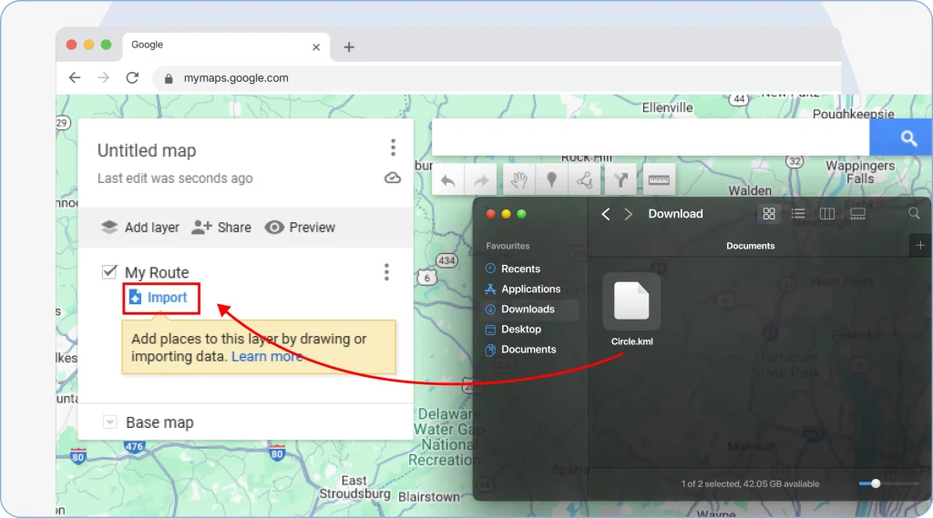 Clicking the Import button in Google My Maps to upload a previously downloaded KML file into the selected map layer
