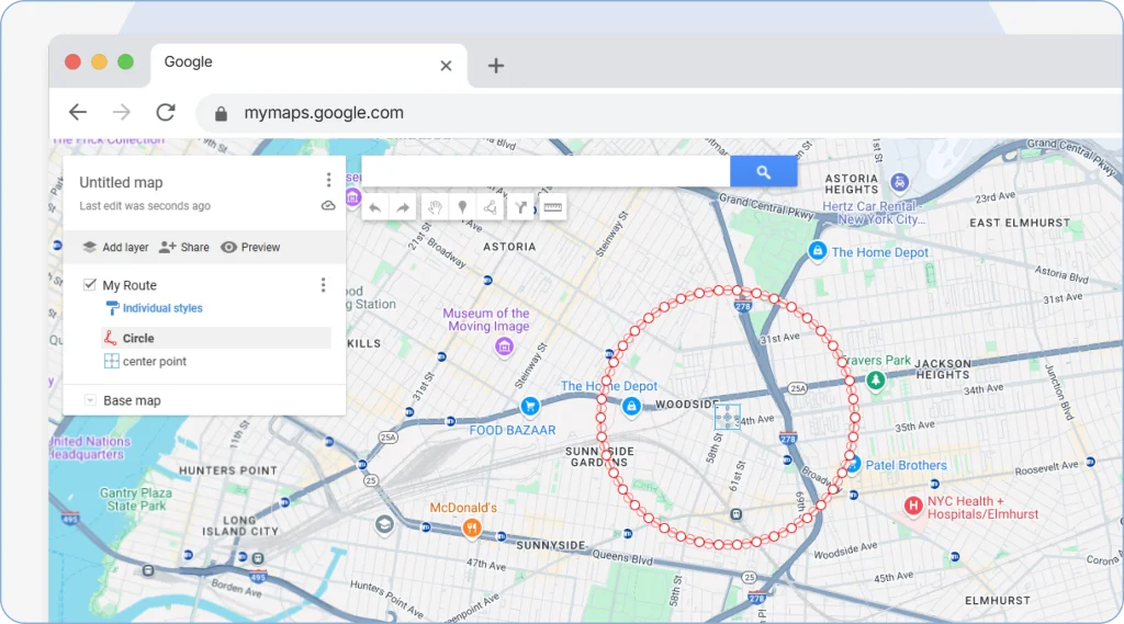 Google My Maps displaying a radius circle created at the uploaded coordinates, showing the selected circle size on the map after importing the KML file