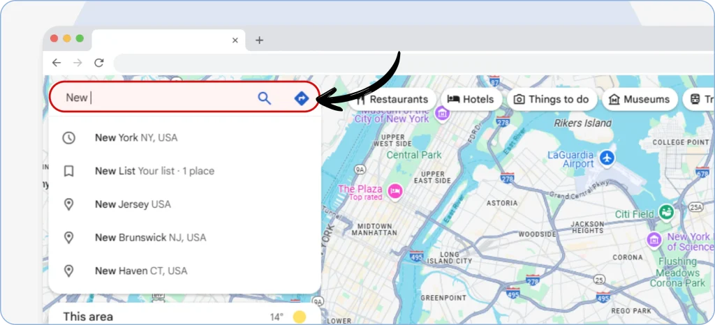 Finding a location in Google Maps by searching in the search bar or manually zooming and panning the map to select an area