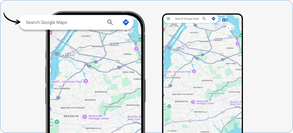 Finding a location in Google Maps by searching in the search bar or manually panning the map to select an area