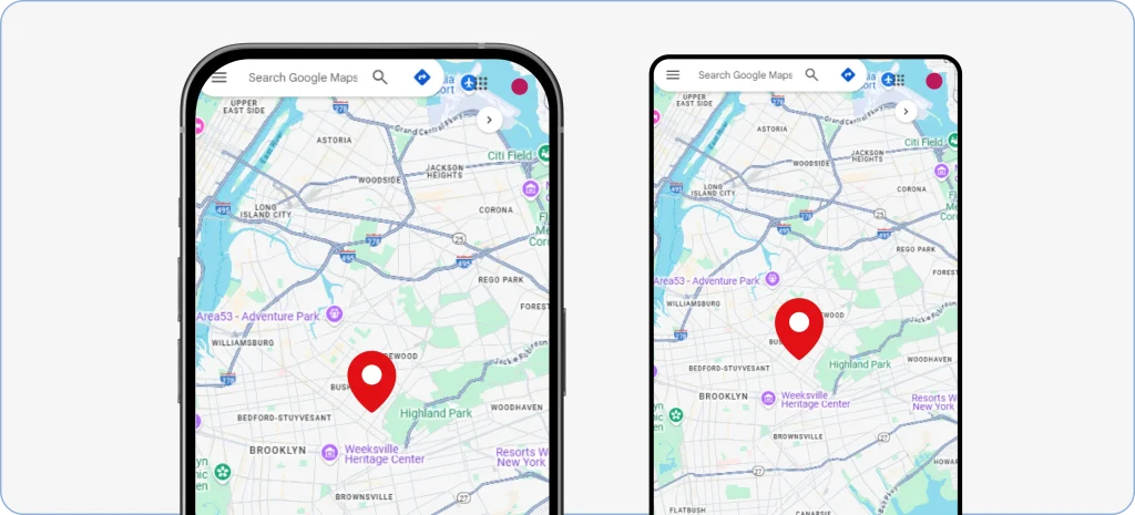 Zooming in on a selected location in Google Maps and pressing to drop a red pin before drawing a radius