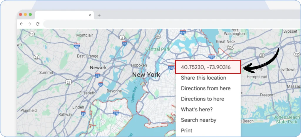 Right-clicking a red pin in Google Maps to view, copy, and save the latitude and longitude coordinates for later use