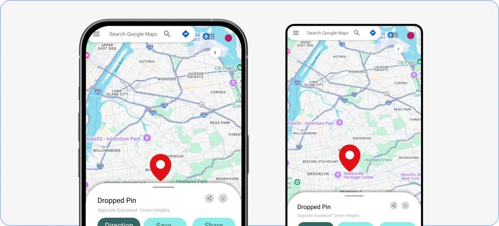 Google Maps showing an information bar with location details after selecting a place on the map