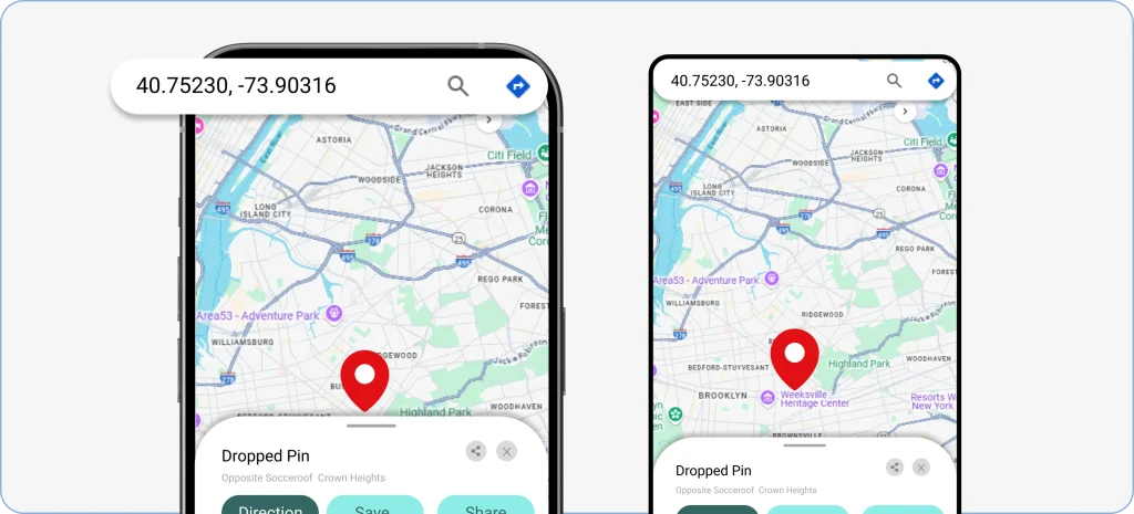 Scrolling the Google Maps location details panel to view and copy latitude and longitude coordinates for later use