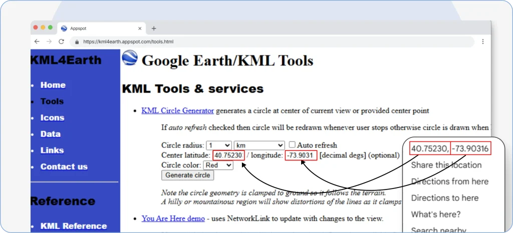 Entering the previously saved latitude and longitude coordinates into the radius mapping tool to draw a circle on the map