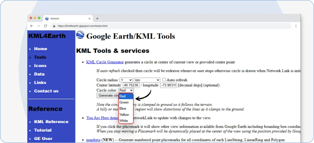 Selecting a circle color in the radius mapping tool, with options such as red, green, blue, yellow, or white