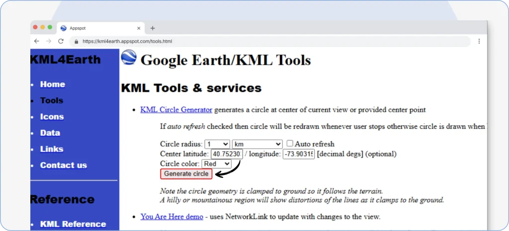 Clicking the ‘Generate Circle’ button in the radius mapping tool to create a circle on the map