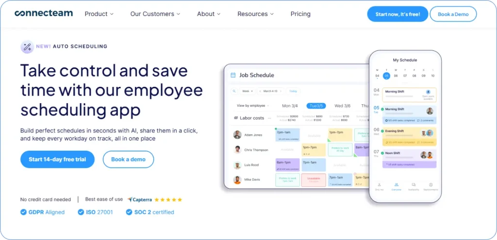 Connecteam snow removal software dashboard showing crew scheduling and job management tools.