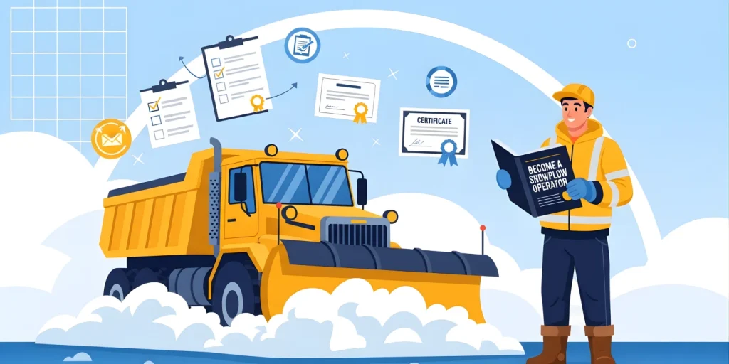 Snowplow operator clearing a road during winter, illustrating how to become a snowplow operator.