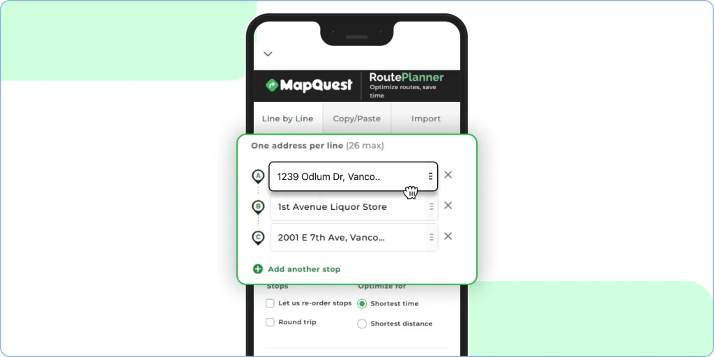 Reordering stops on Android using MapQuest route planner for optimized routes.