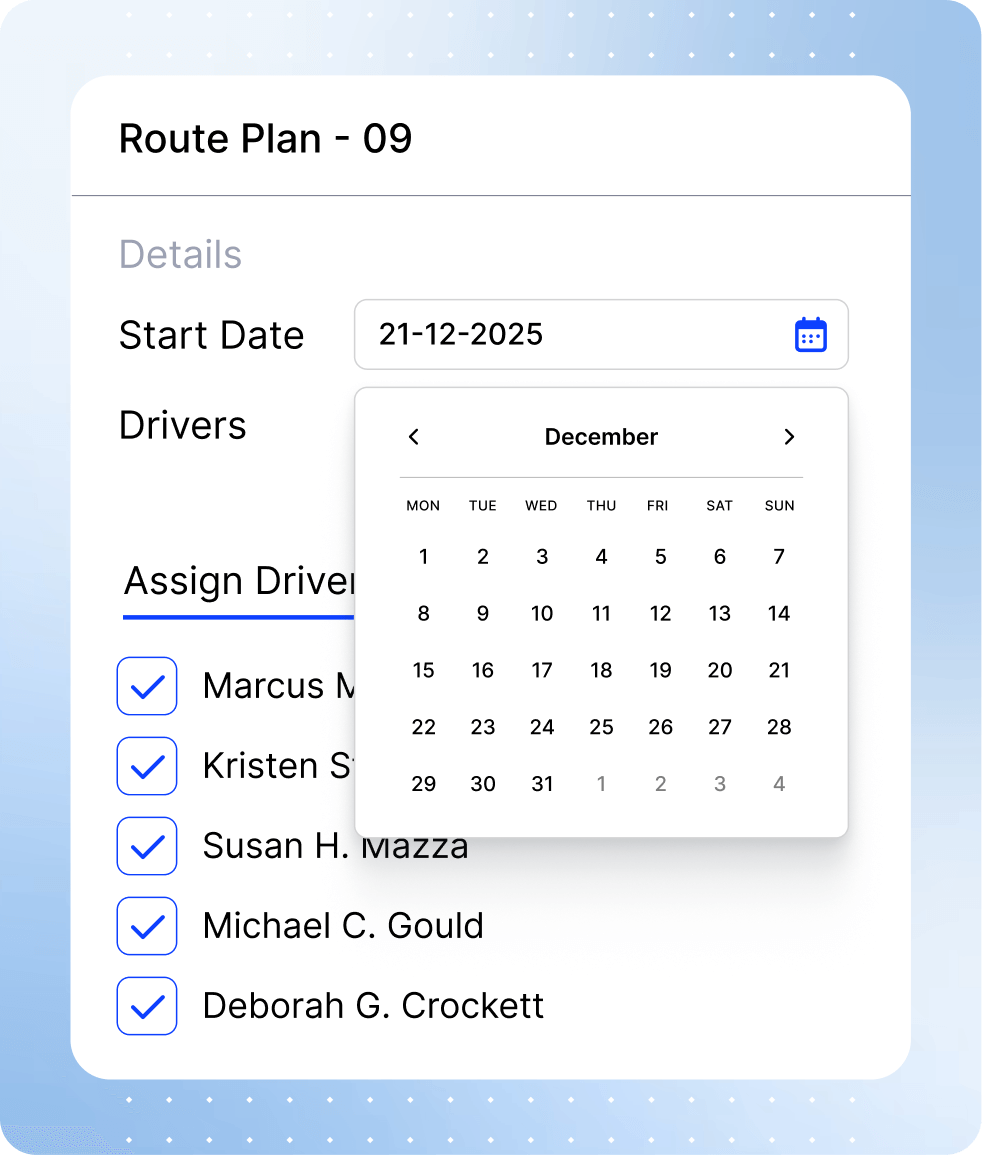 Route Scheduling calendar interface displaying weekly delivery schedule with time slots and stop assignments