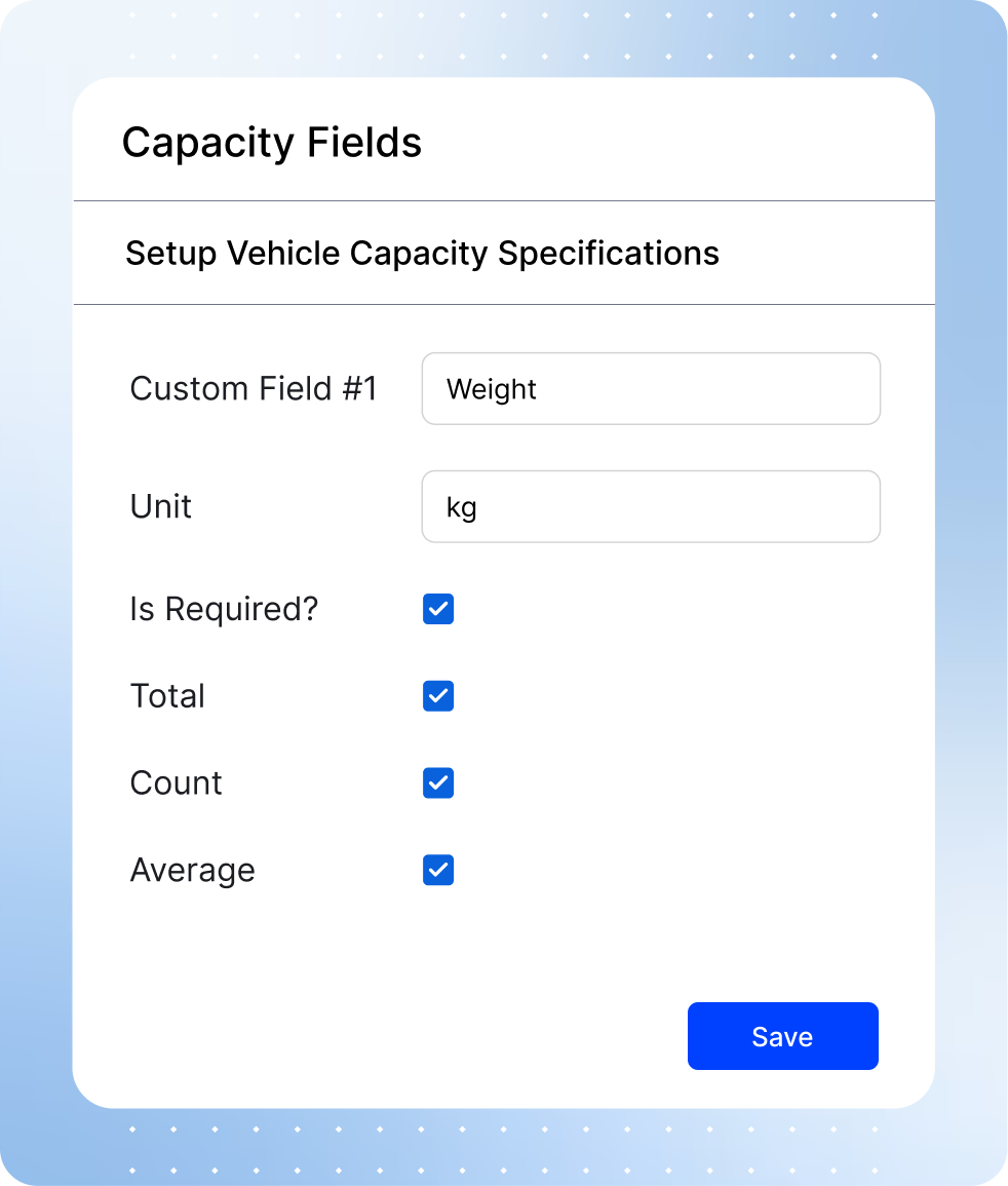 Capacity Optimization form displaying vehicle capacity constraints, weight limits, and dimension restrictions